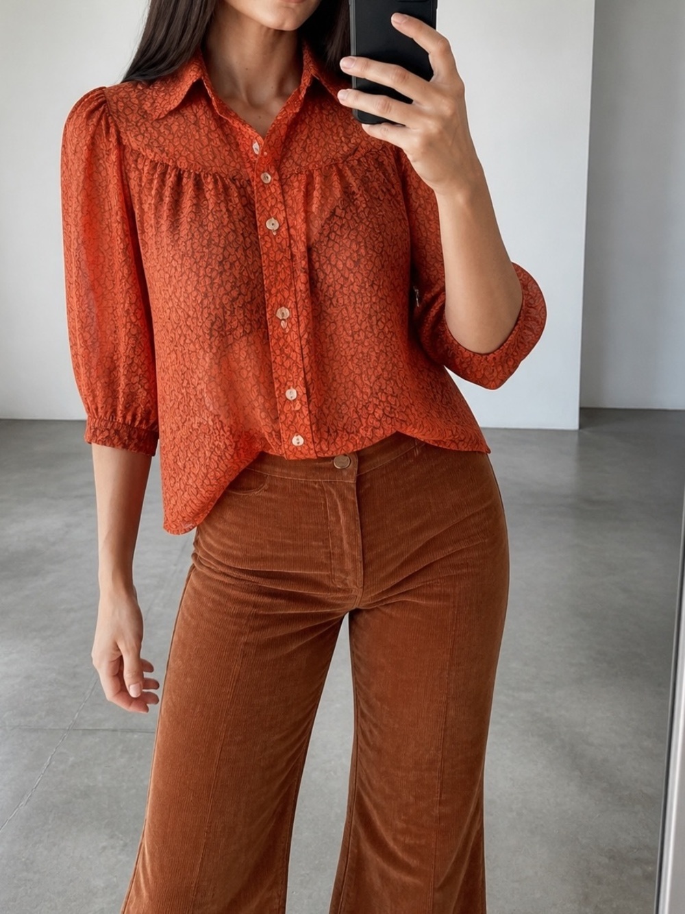 Vintage Sheer Rust Floral Print Blouse Bishop Sleeves